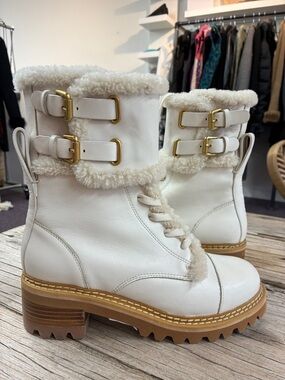 Chloe Cream Lace-Up Shearling Combat Boots